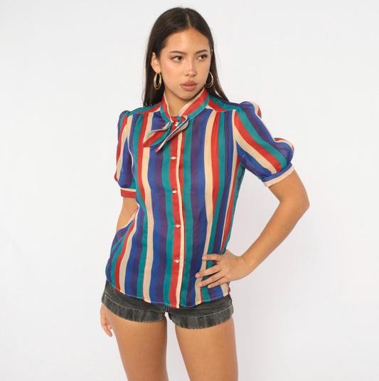 80s Ms. Paquette Striped Blouse Puff Sleeve Bow Tie Neck Button Front Medium