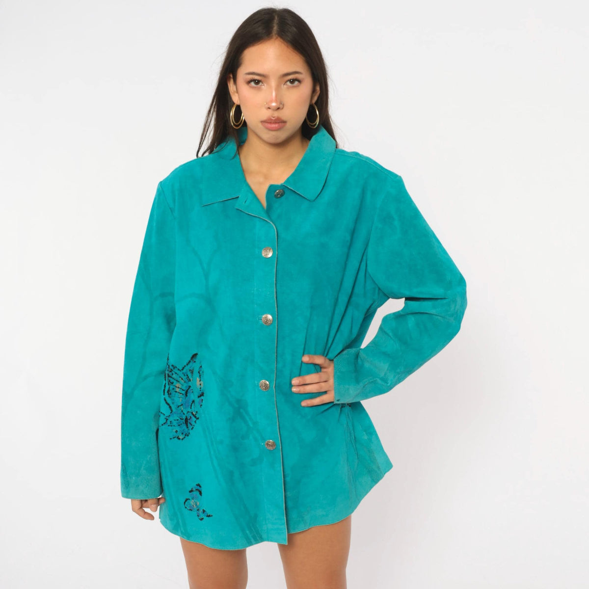 90s Chicos Turquoise Suede Jacket Beaded Butterfly Painted Back Large L