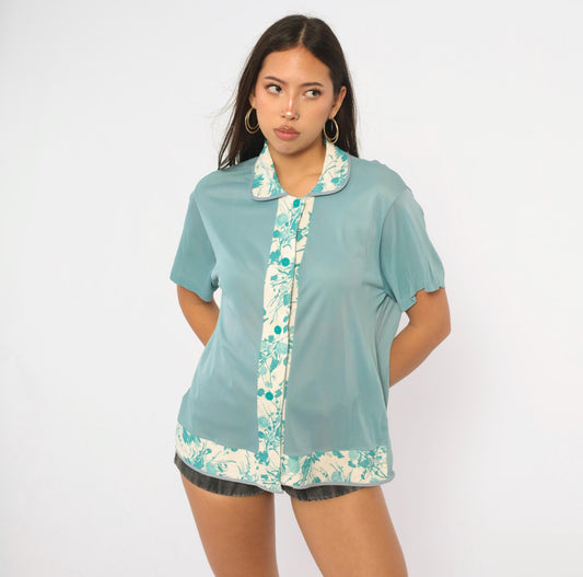 70s Binstron Blue Floral Blouse Peter Pan Collar Button Front Medium