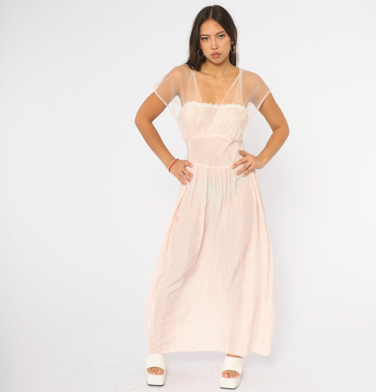 1940s Pink Tulle Nightgown Lace Trim Maxi Slip Dress Cap Sleeve Small