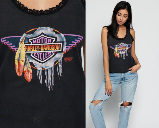 90s Harley Davidson Dream Catcher Feather Tank Top Black Medium Large