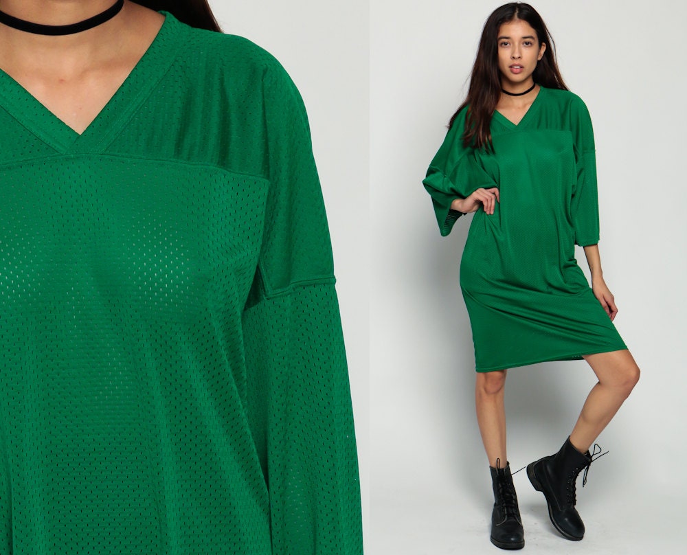 90s Football Jersey Dress Green Mesh V-Neck Mini Long Sleeve Extra Large