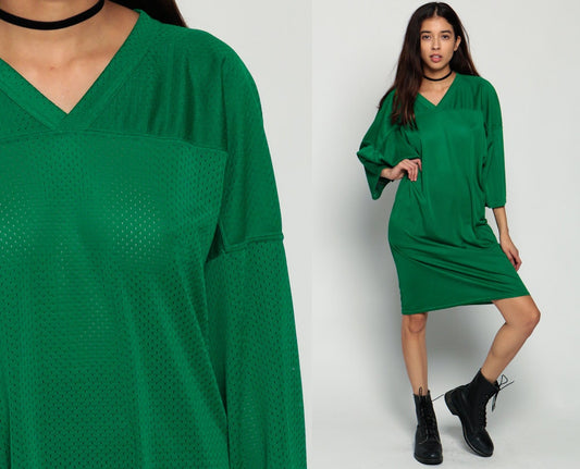 90s Football Jersey Dress Green Mesh V-Neck Mini Long Sleeve Extra Large