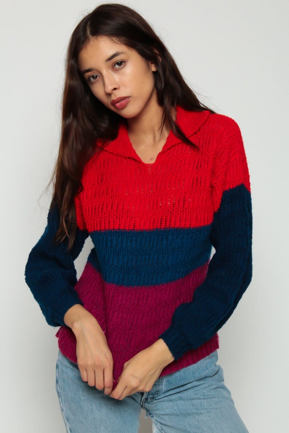 70s Striped Color Block Knit Sweater Collar Red Blue Semi-Sheer Medium