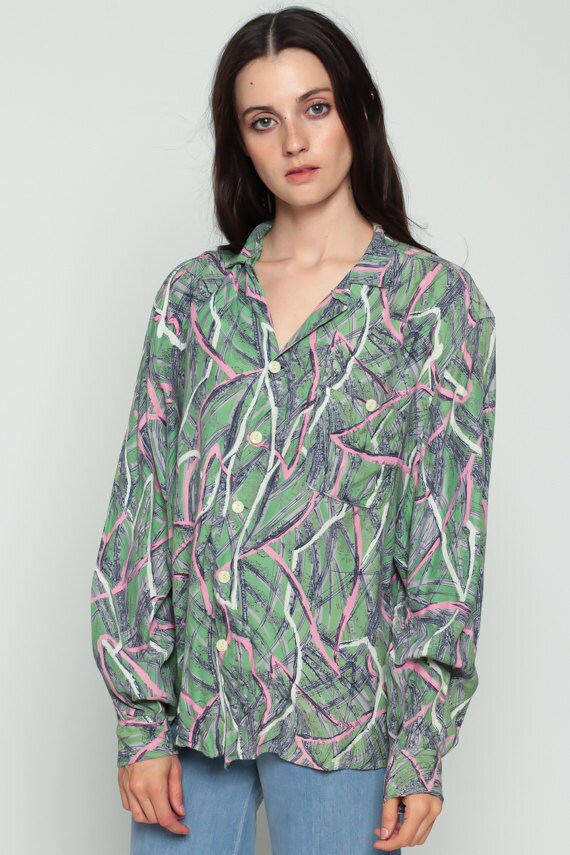 70s Striped Brush Stroke Blouse Green Pink Button Up Long Sleeve Extra Large
