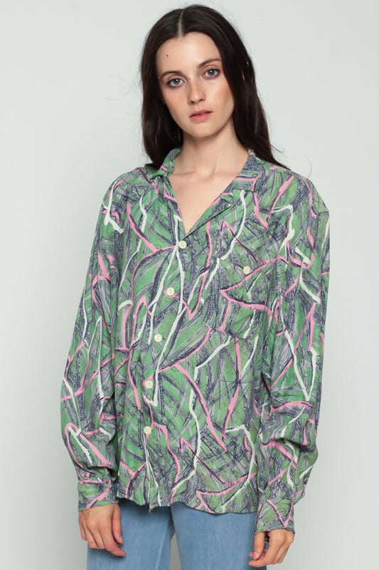 70s Striped Brush Stroke Blouse Green Pink Button Up Long Sleeve Extra Large