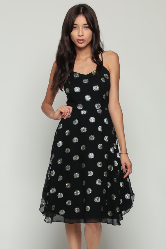70s Black Metallic Floral Midi Dress Spaghetti Strap High Waist Extra Small