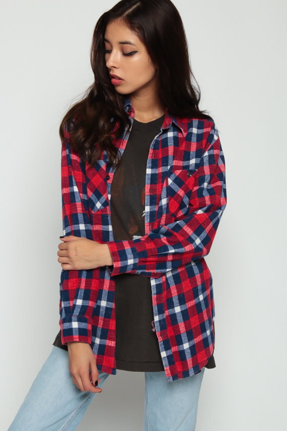 90s Navy Plaid Flannel Shirt Red White Button-Up Long Sleeve Medium