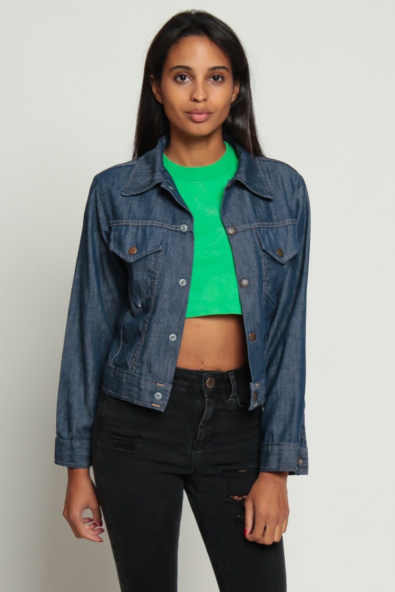 70s Dark Denim Jacket Snap Front Jean Coat Unisex Extra Small