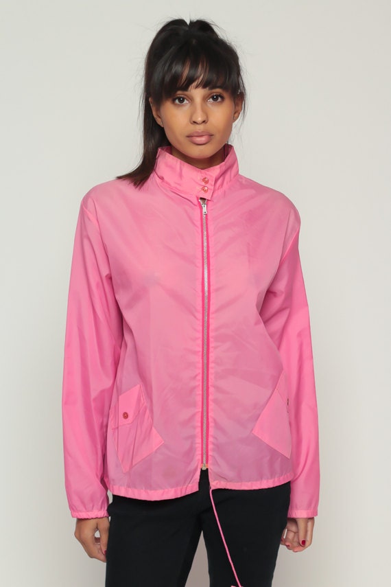 80s Pink Nylon Windbreaker Jacket Funnel Neck Shell Small Medium