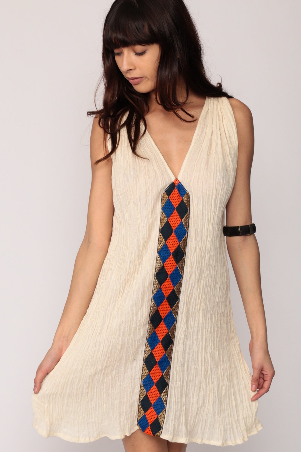 70s Cotton Gauze Embroidered Mini Dress Cream V-Neck Sleeveless Medium Large