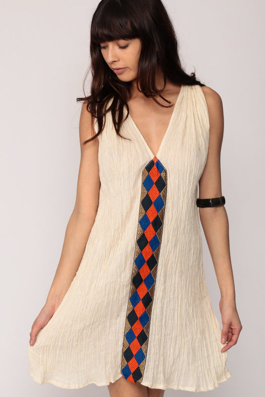 70s Cotton Gauze Embroidered Mini Dress Cream V-Neck Sleeveless Medium Large