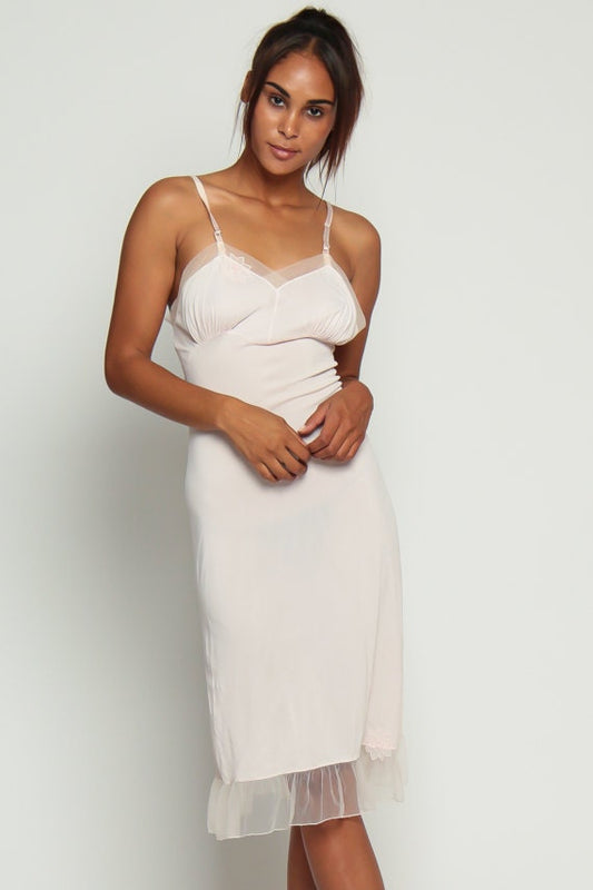 60s Baby Pink Embroidered Nylon Nightgown Empire Waist Midi Small