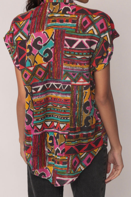 80s Tribal Southwestern Aztec Button-Up Blouse Cap Sleeve Multicolor Small Medium