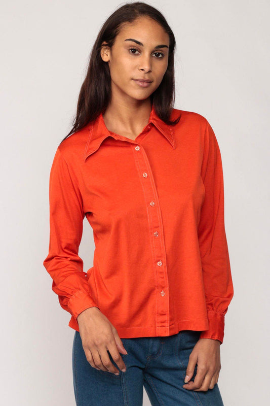 70s Orange Button-Up Shirt Long Sleeve Collared Blouse Large