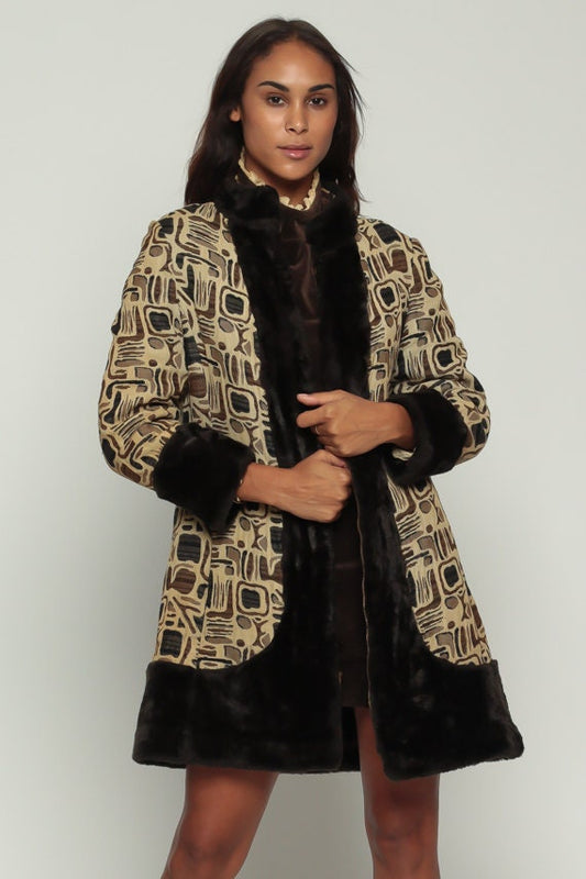 70s Tapestry Faux Fur Coat Brown Zip Front Jacket Medium
