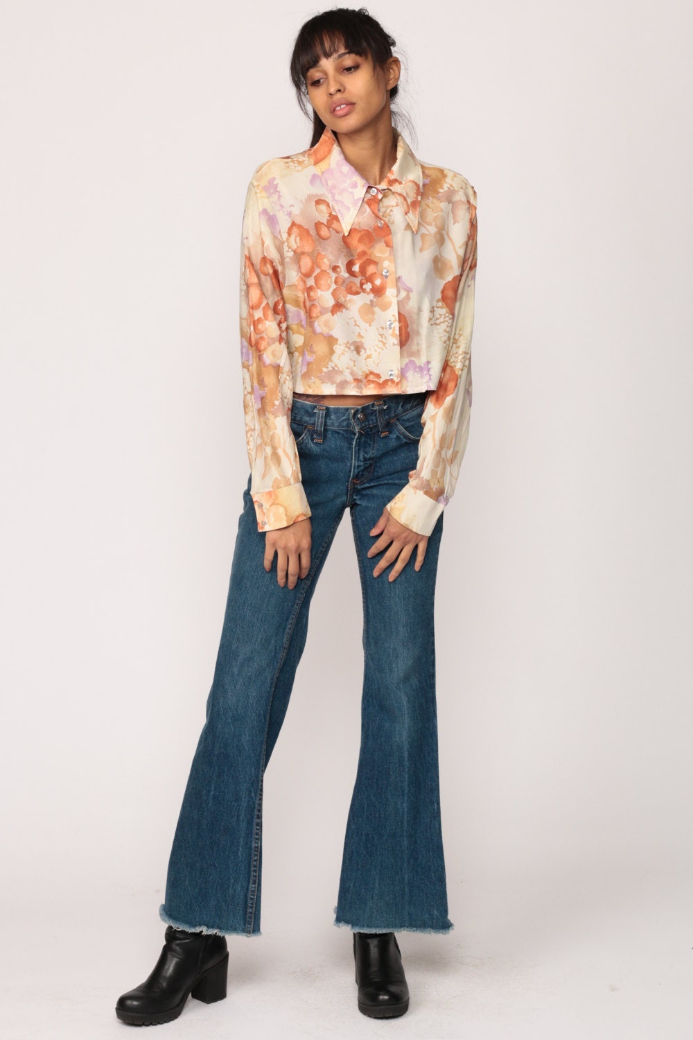 70s Watercolor Floral Button-Up Blouse Long Sleeve Crop Top Medium Large