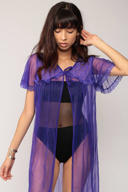 80s Purple Sheer Lace Kimono Robe Flutter Sleeve Bed Jacket Medium