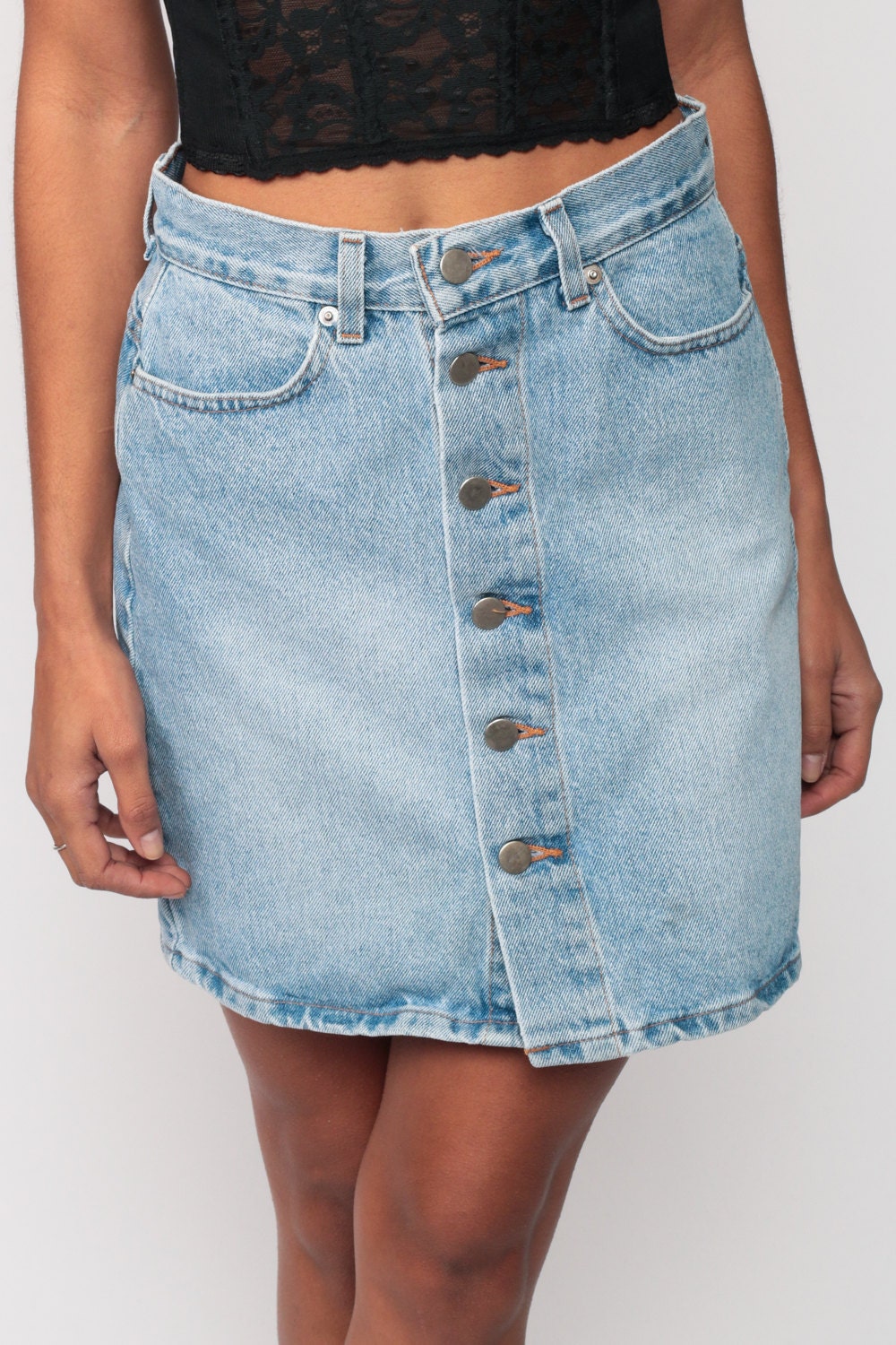 90s High Waisted Denim Mini Skirt Button Up Blue Jean Extra Small