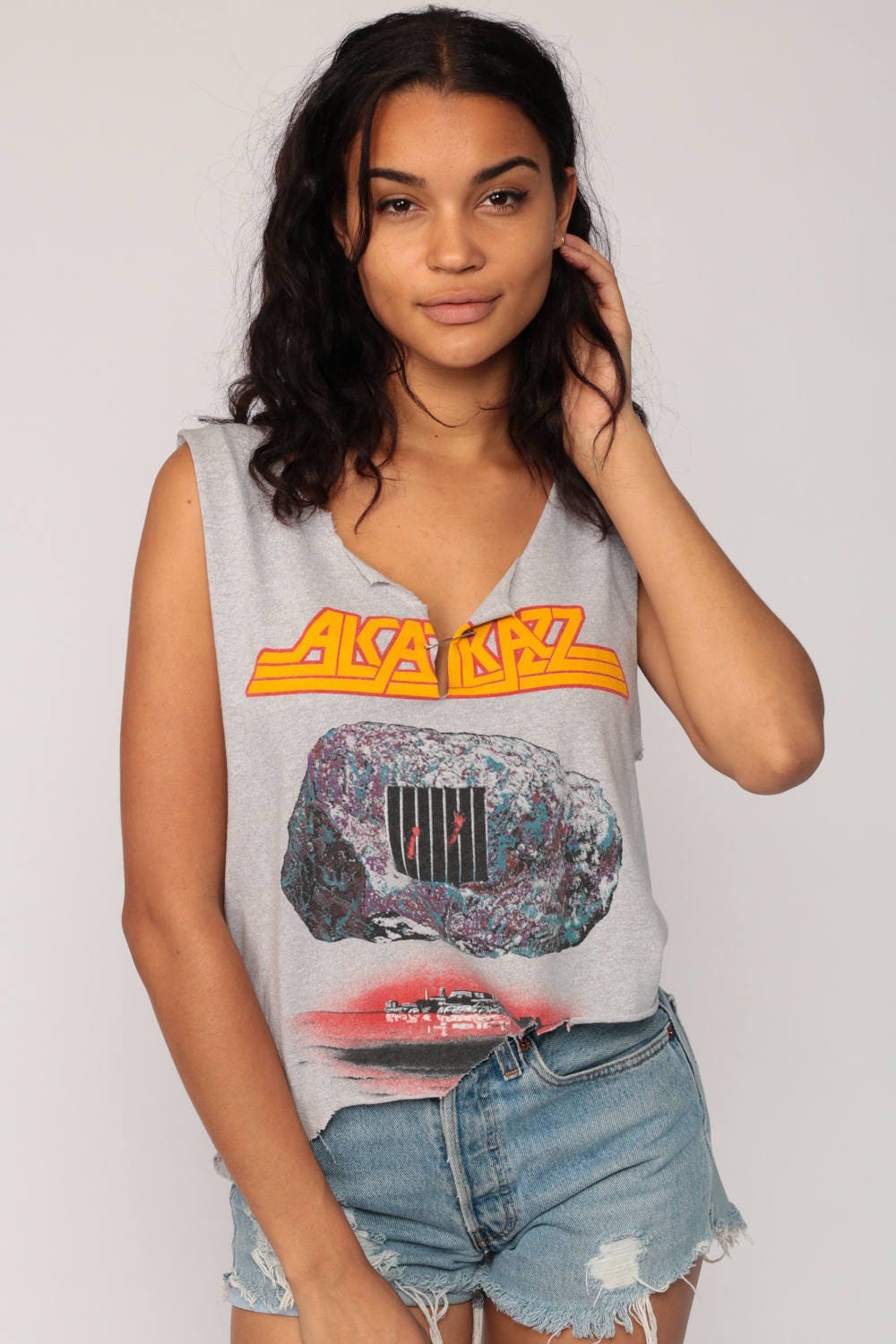 Alcatrazz No Parole 1983 Band Tee Distressed Cutoff Grey Small Medium
