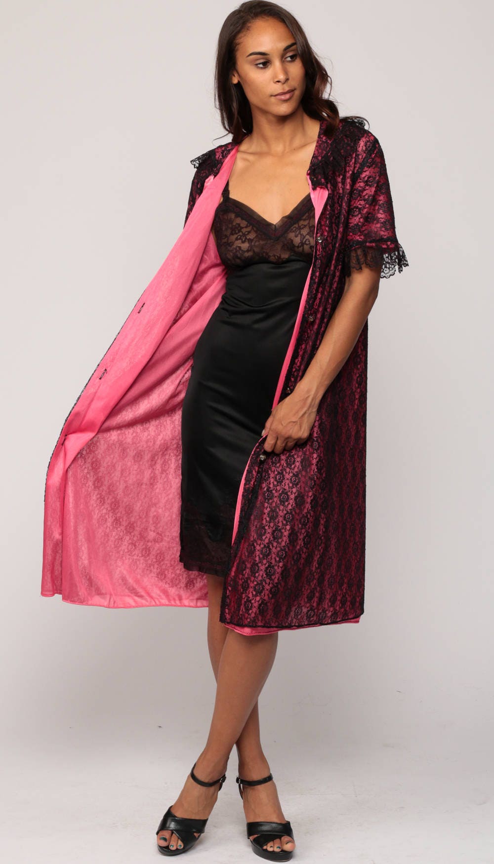 70s Black Lace Lingerie Robe Hot Pink Lining Button-Up Bed Jacket Small