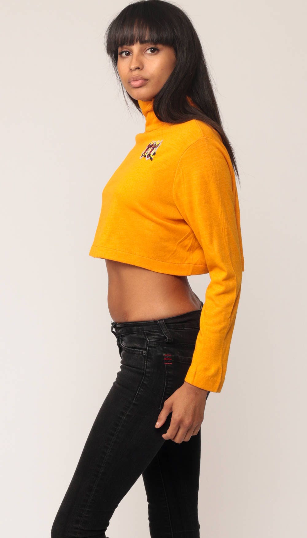 70s Owl Crop Top Yellow Turtleneck Long Sleeve Shirt Medium