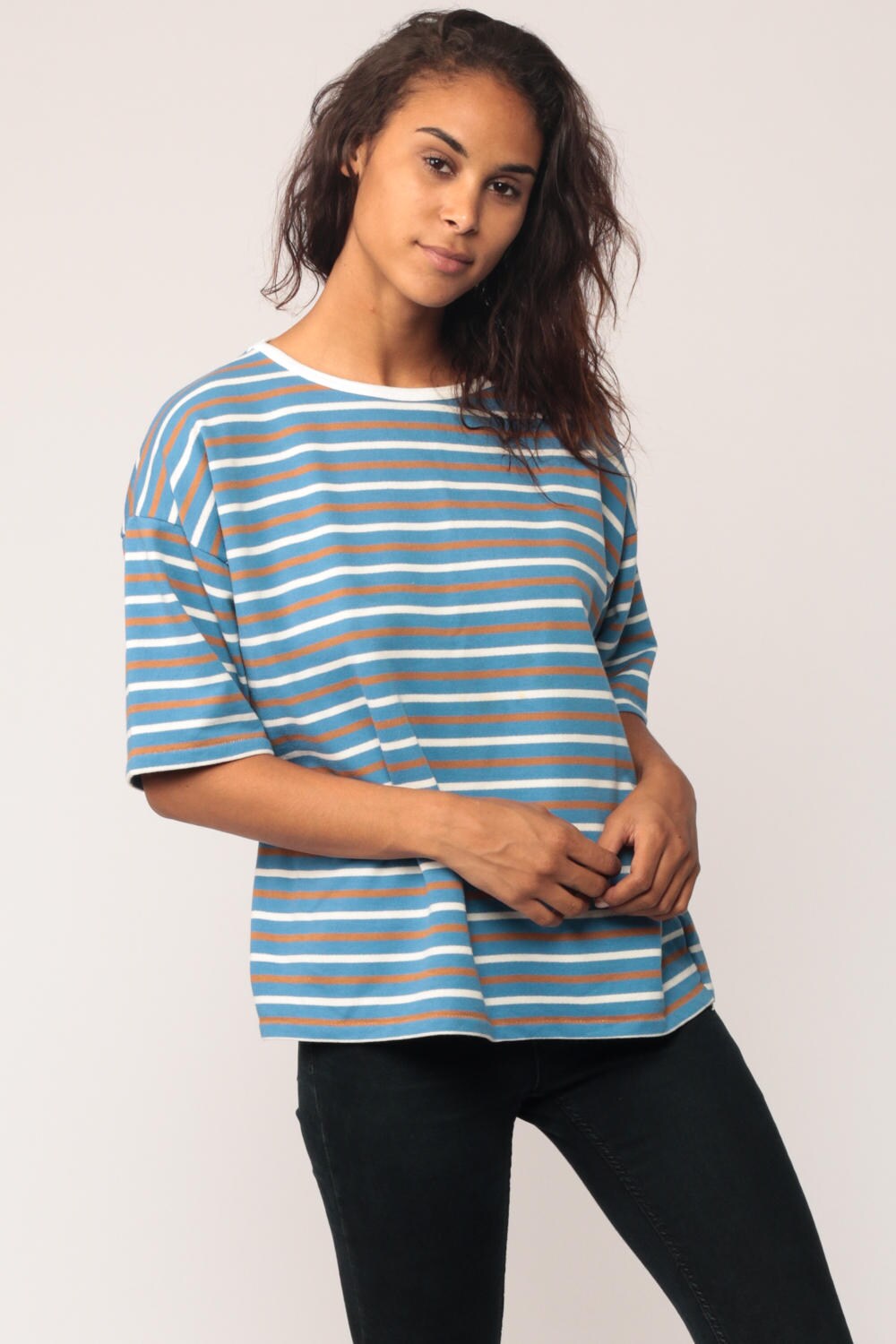 80s Striped T-Shirt Blue White Brown Ringer Tee Short Sleeve Large