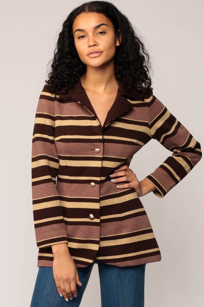 70s Striped Jacket Brown Gold Metallic Button-Up Coat Small