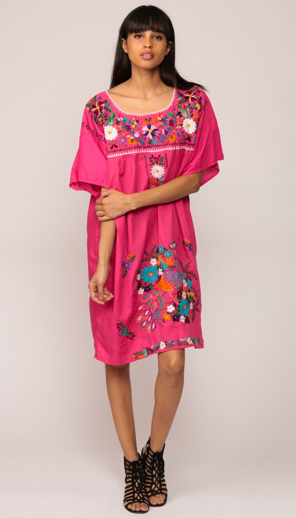 80s Mexican Embroidered Peacock Tunic Dress Hot Pink Cotton Extra Large XXL