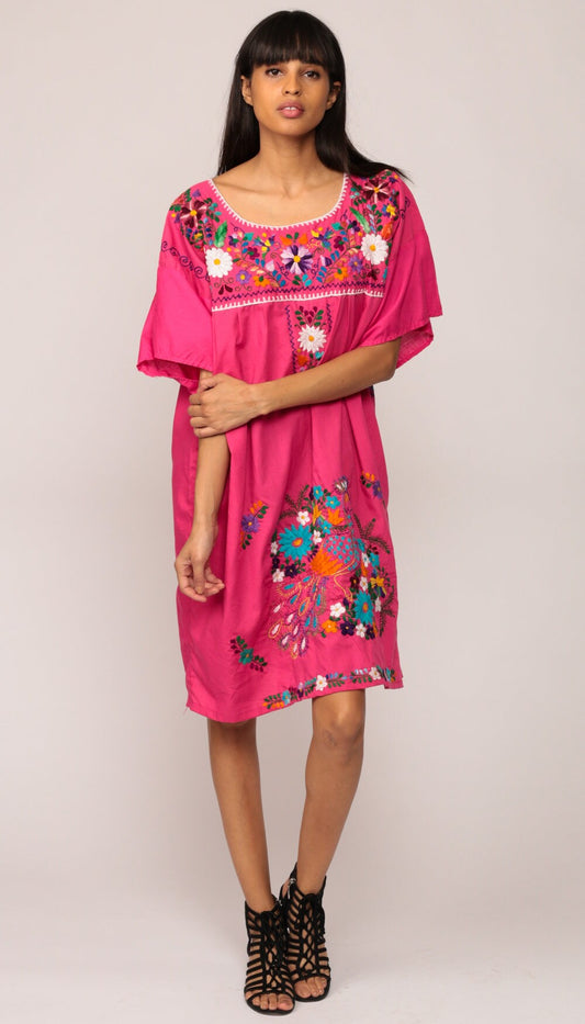 80s Mexican Embroidered Peacock Tunic Dress Hot Pink Cotton Extra Large XXL