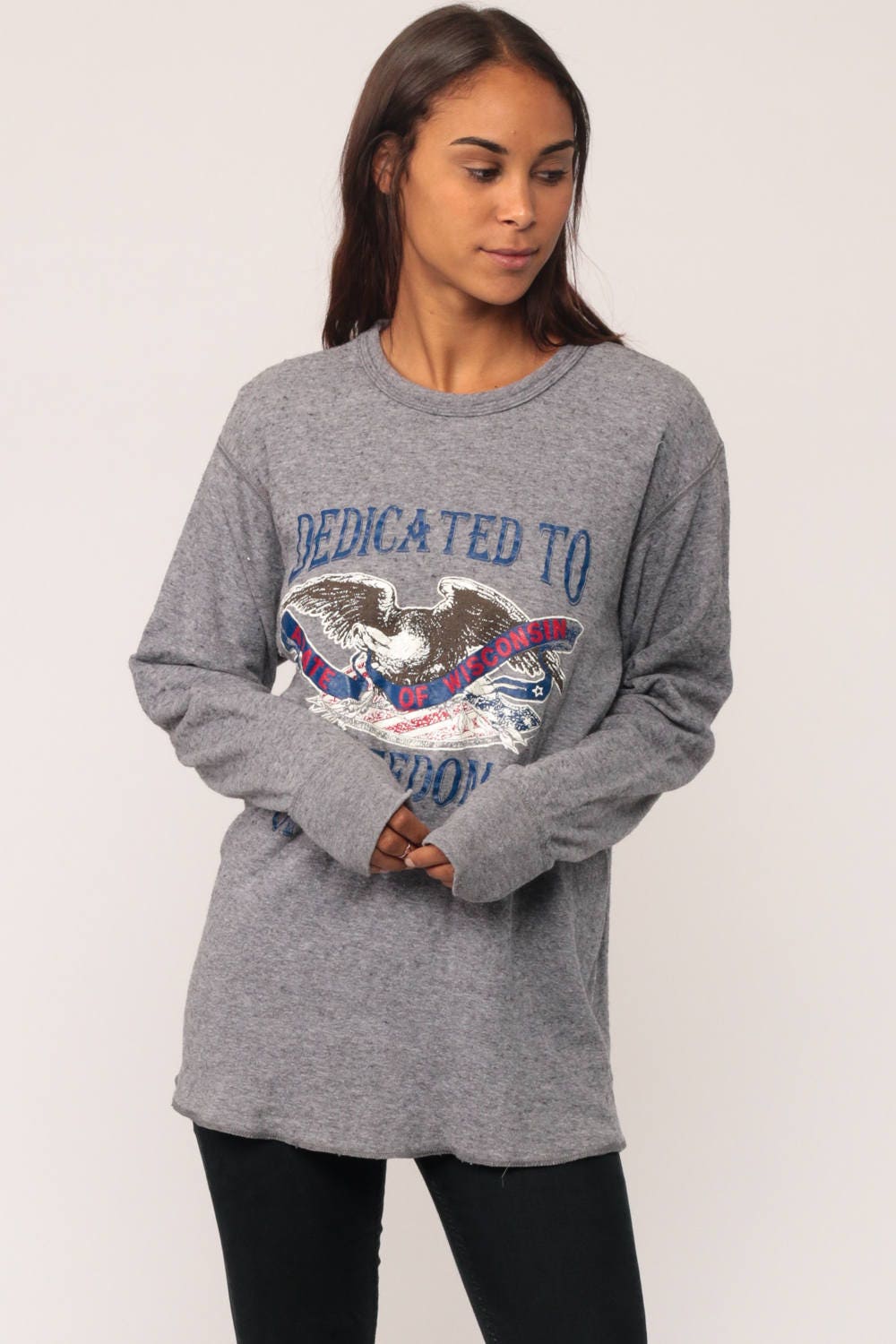 90s ABATE of Wisconsin Eagle Motorcycle Long Sleeve Shirt Grey Large