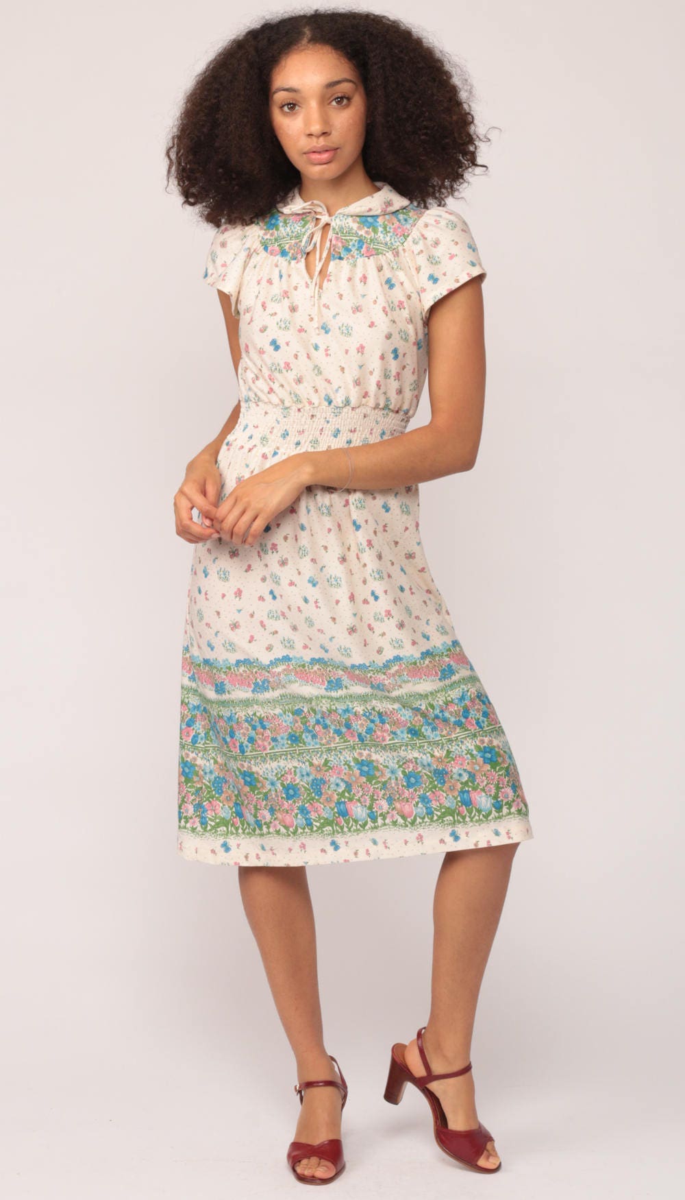 70s Floral Midi Dress Keyhole Neck High Waisted Cap Sleeve Small
