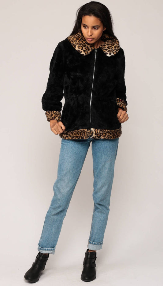 90s Black Leopard Print Faux Fur Jacket Small