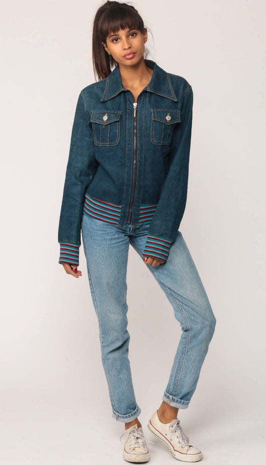90s Blue Denim Jacket Striped Trim Zip-Up Small