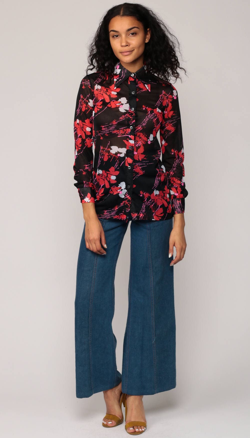70s Black Floral Button-Up Blouse Long Sleeve Sheer Collar Small