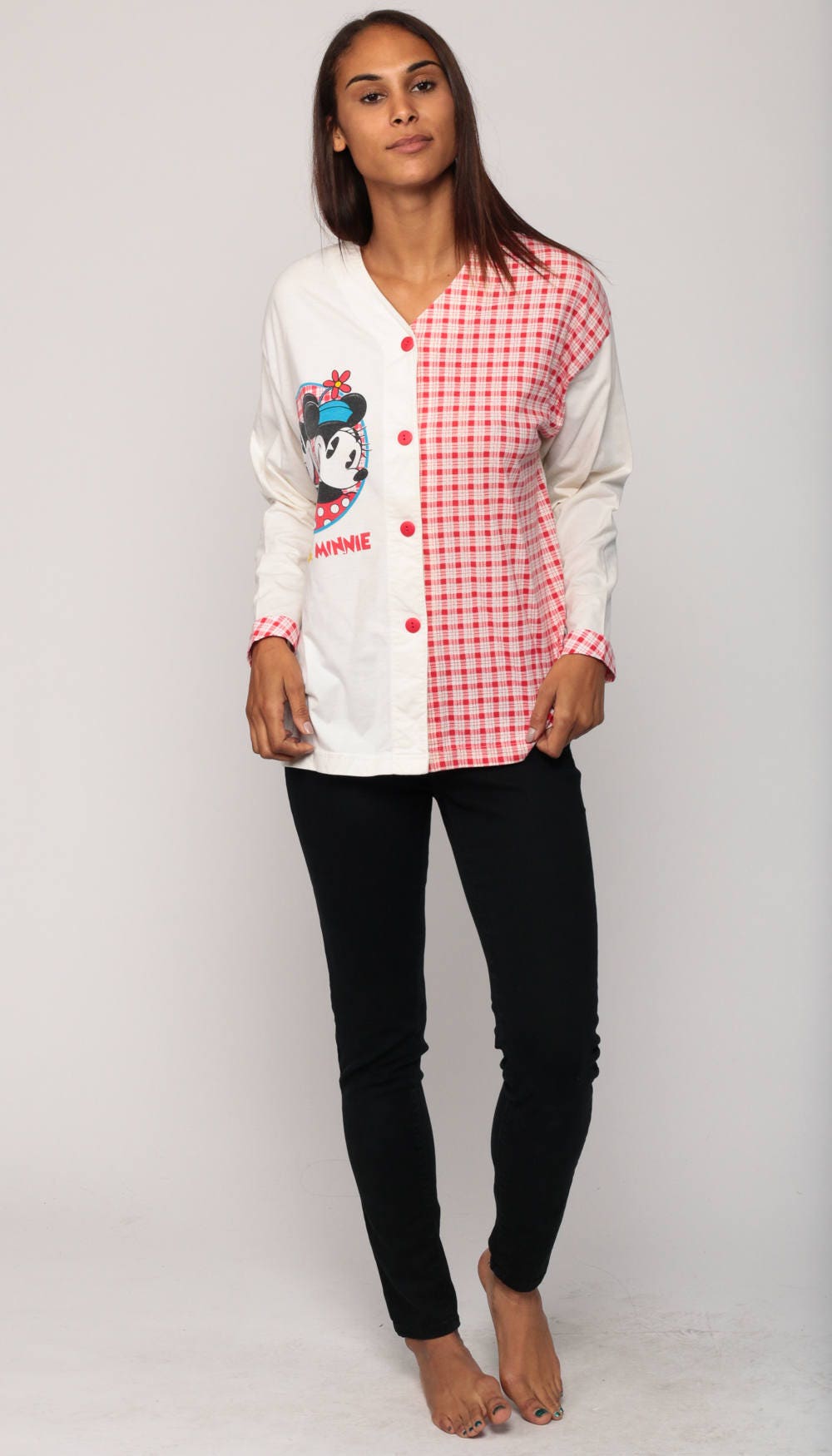 80s Disney Mickey Minnie Mouse Pajama Shirt Red Plaid Button-Up Large