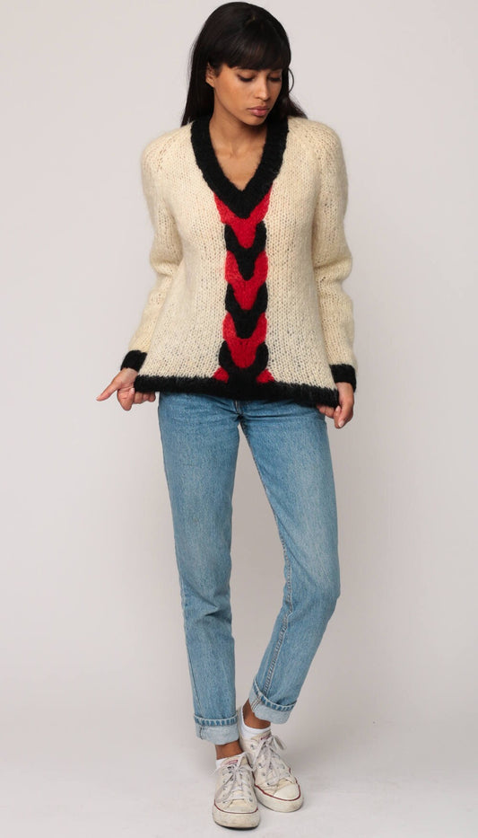 70s Angora Wool V-Neck Sweater Italian Braided Pullover Cream Small