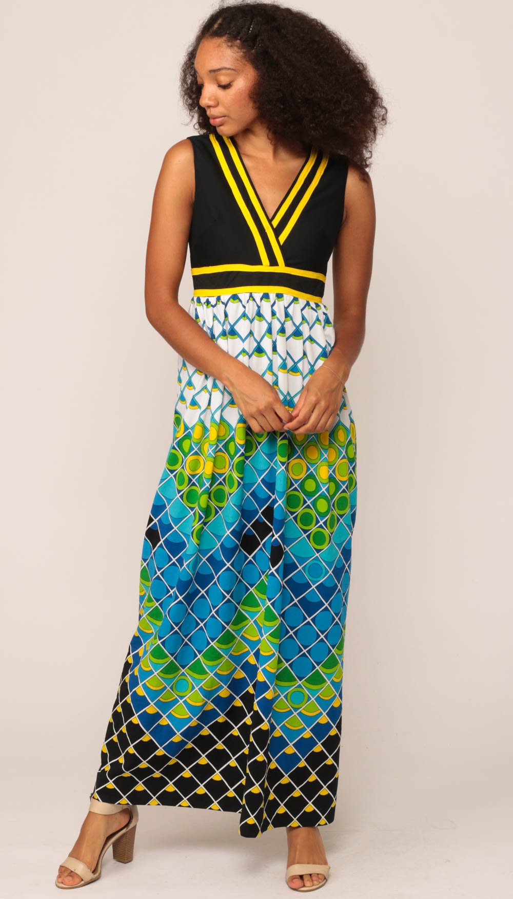70s Psychedelic Print Maxi Dress Sleeveless Empire Waist V Neck Blue Small