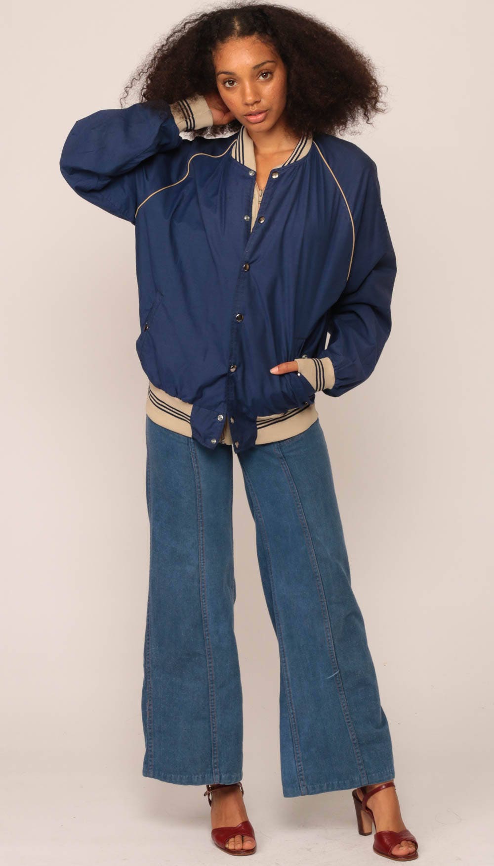 80s Baseball Windbreaker Jacket Navy Tan Striped Raglan Unisex Medium Large