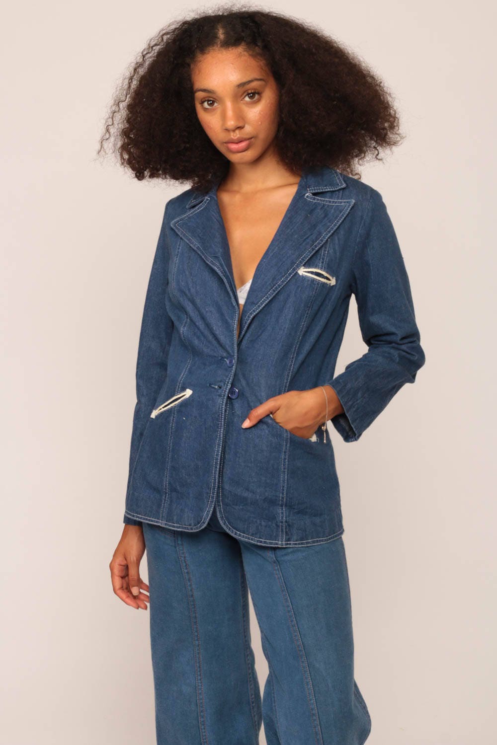 70s Denim Blazer Jacket Blue Faux Leather Trim Small