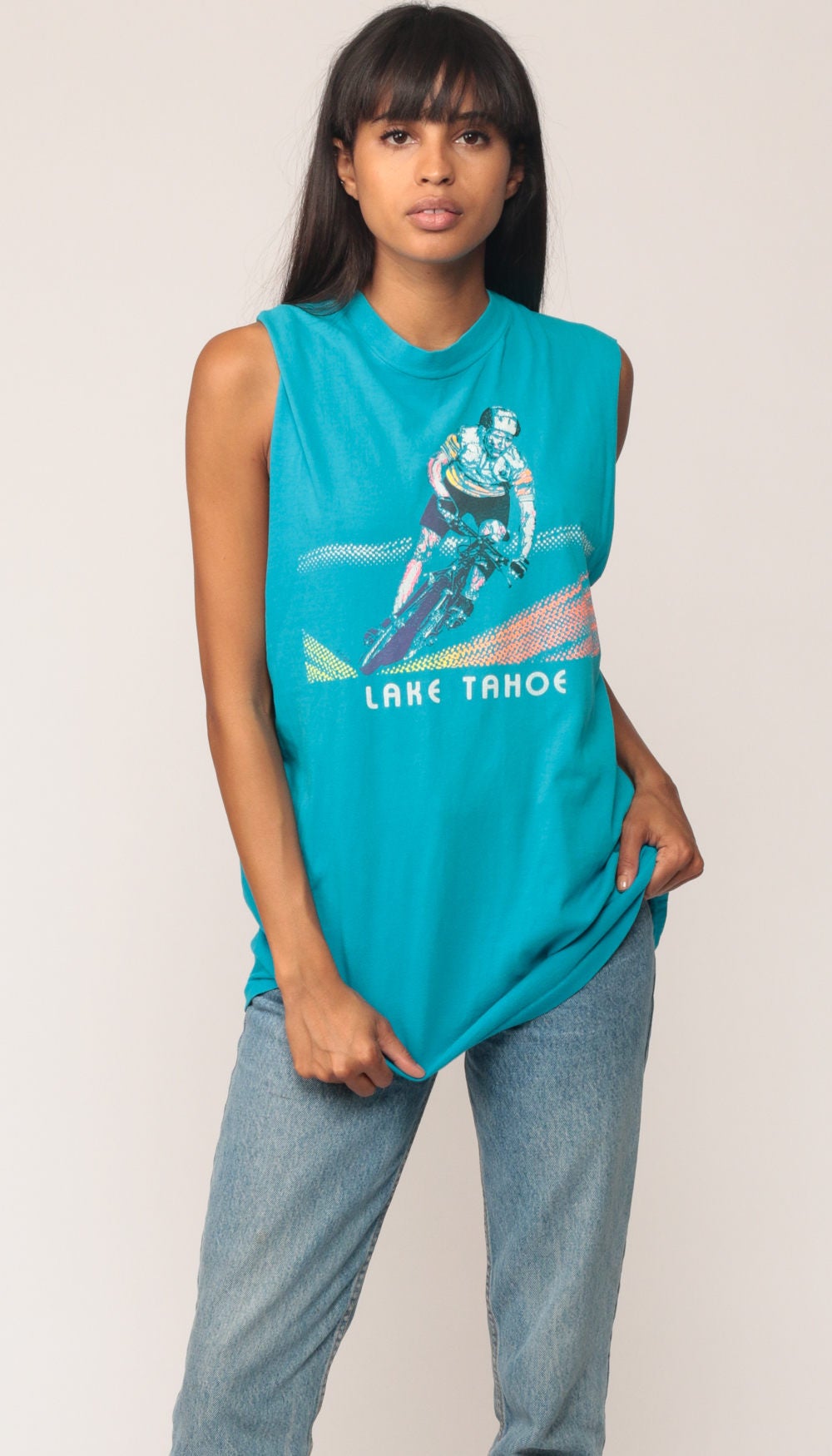 80s Lake Tahoe Bicycle Tank Top Graphic Tee Turquoise Medium