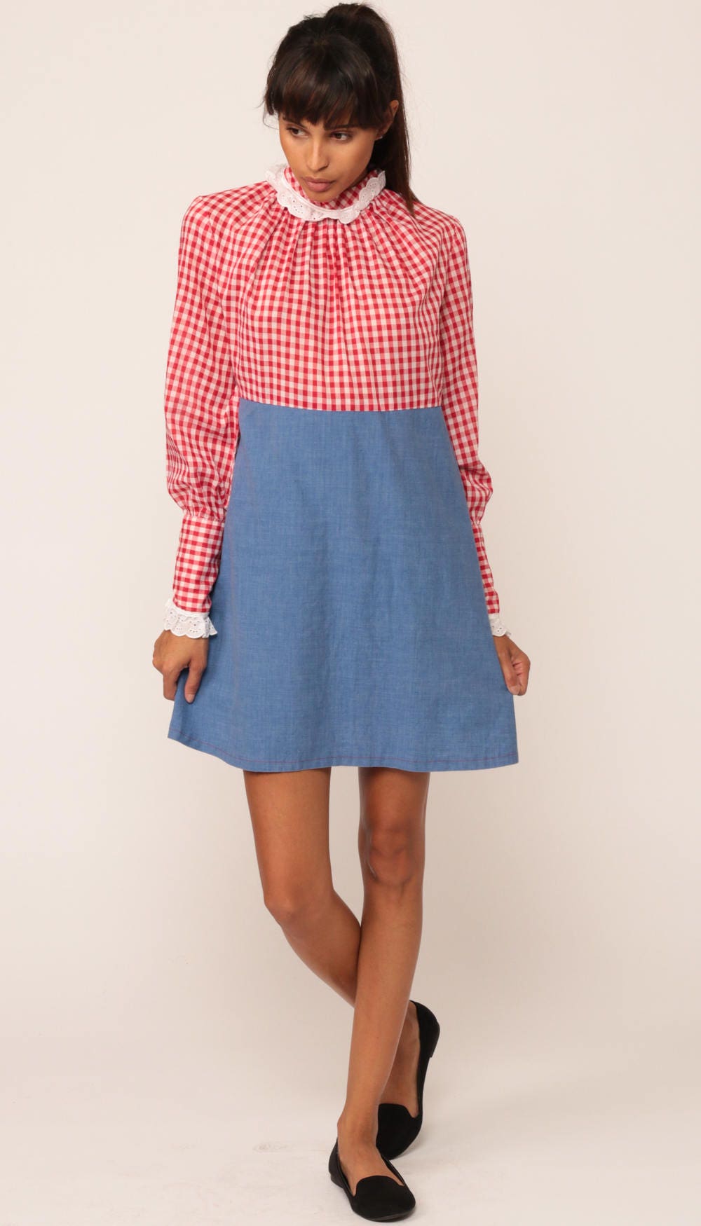 70s Mini Dress Red Gingham Eyelet Lace Collar Empire Waist Medium
