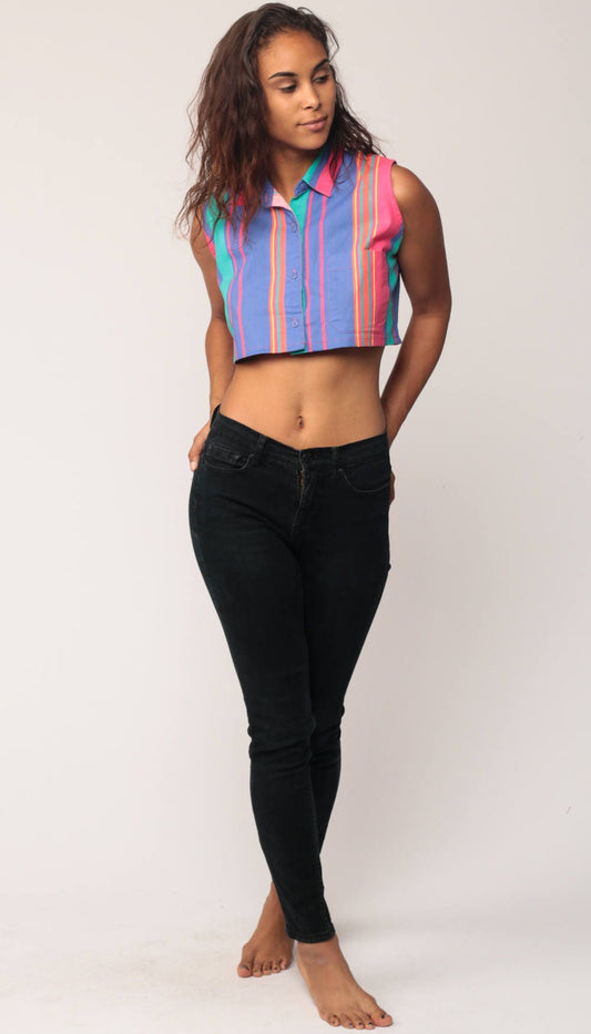 90s Striped Sleeveless Button-Up Blouse Crop Top Pink Purple Small Medium