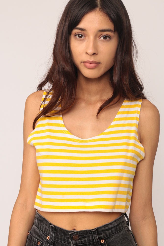 80s Yellow & White Striped Crop Tank Top Medium