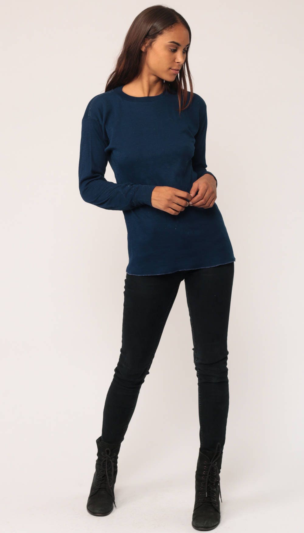 80s Navy Long Sleeve T-Shirt Distressed Grunge Tee Large