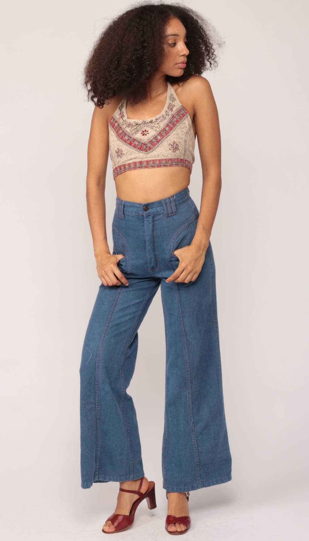 90s Halter Crop Tank Top Floral Embroidered Plaid Trim Taupe Small Medium