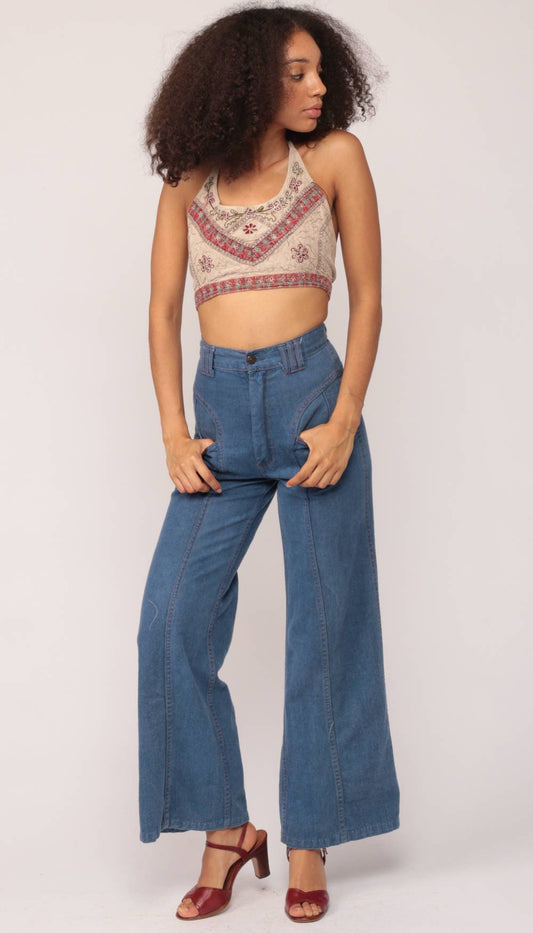 90s Halter Crop Tank Top Floral Embroidered Plaid Trim Taupe Small Medium