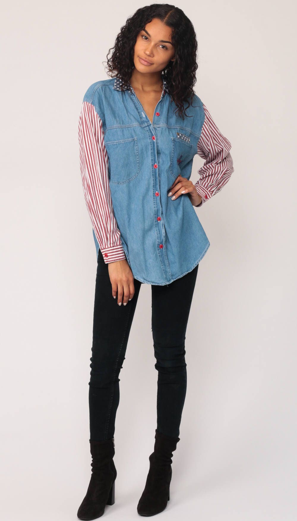 90s American Flag Denim Shirt Blue Jean Button-Up Long Sleeve Medium