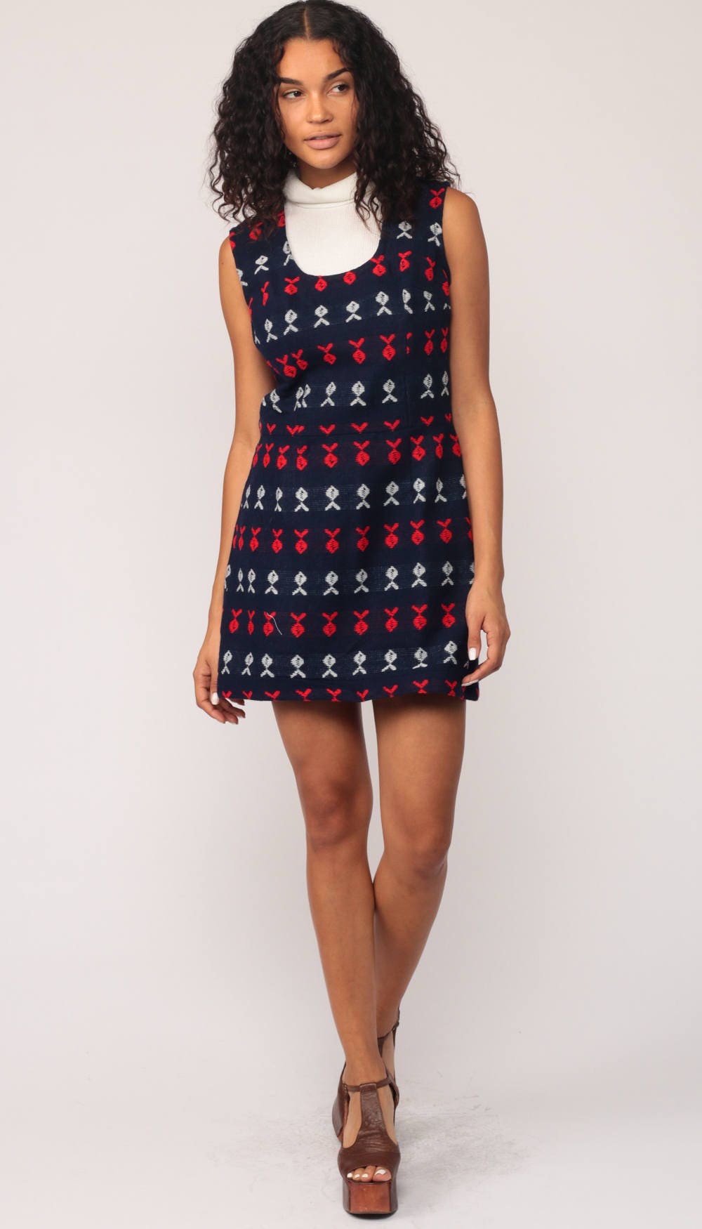 70s Mod Mini Dress Fish Print Bib Turtleneck Navy Red White Small