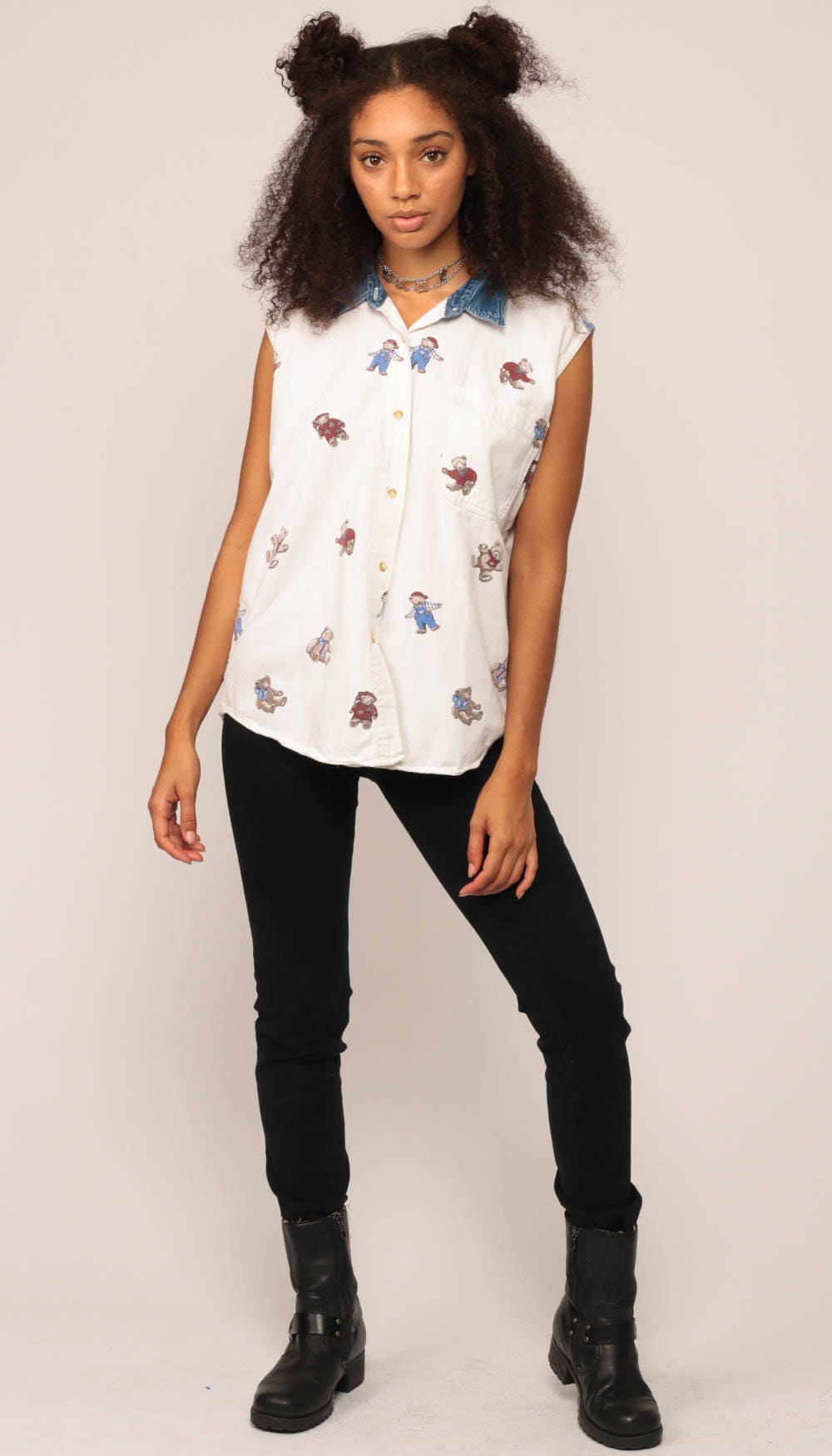 90s Teddy Bear Print Denim Collar Button-Up Blouse White Sleeveless Large